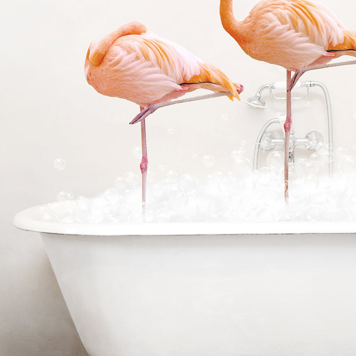 Three Flamingos in Rustic Bath