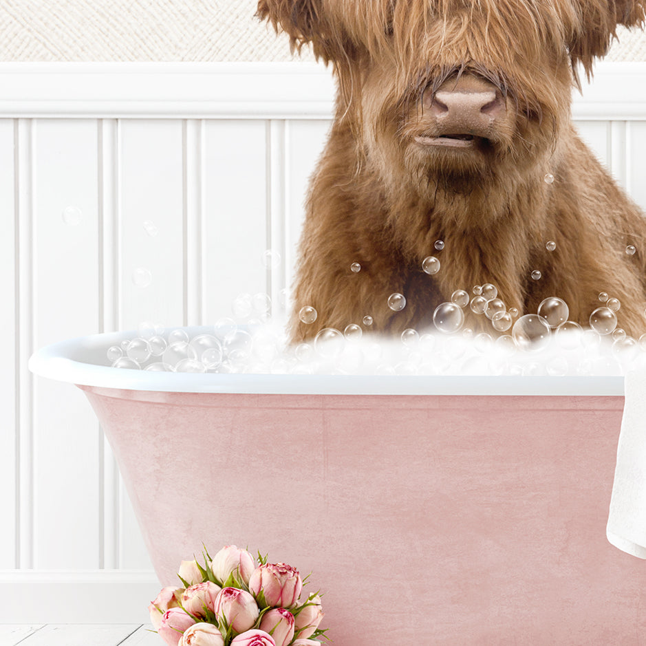 Highland Cow in Cottage Pink Bath