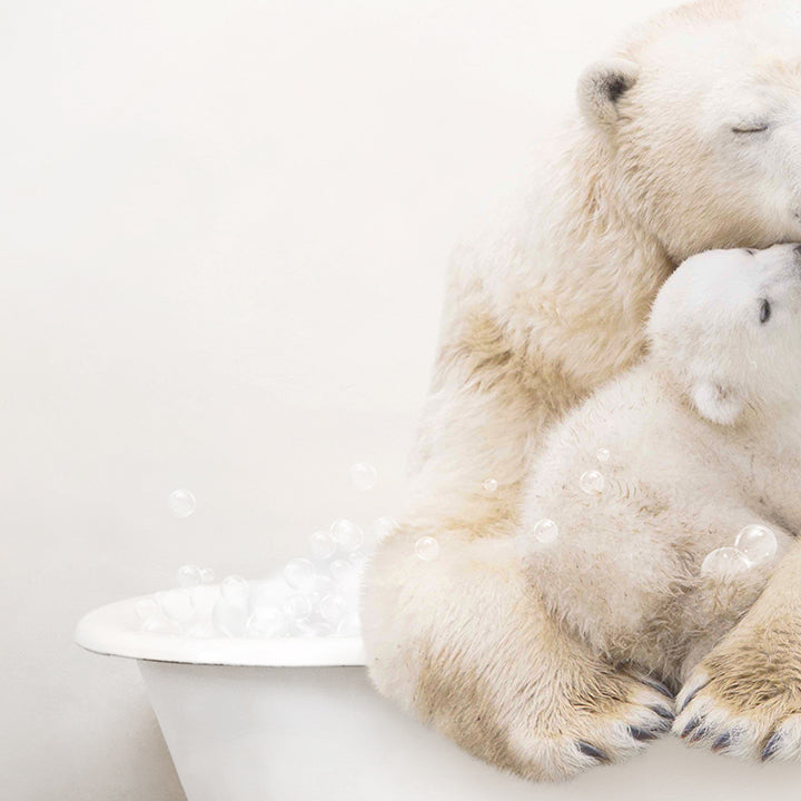 Mother and Baby Polar Bear in Rustic Bath