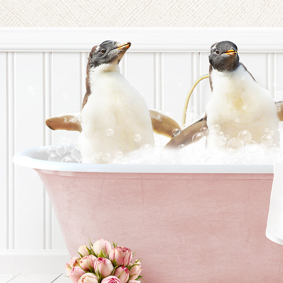 Penguins Playing in Cottage Pink Bath