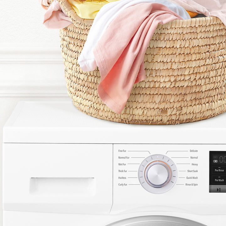 Bashful Bunny in Laundry Basket on Washing Machine- Simple White Wall