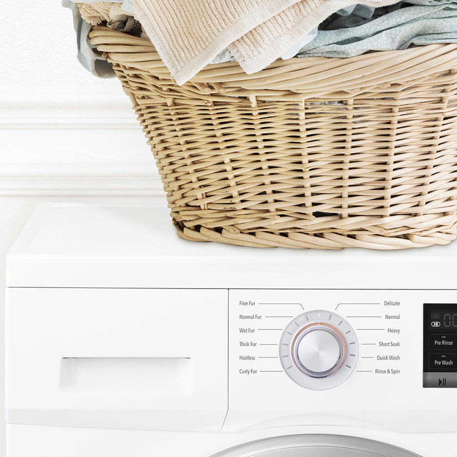 Sneaky Cat in Laundry Basket on Washing Machine - Simple White Wall