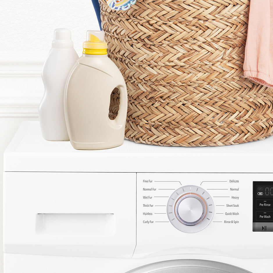 Baby Raccoon in Laundry Basket on Washing Machine - Simple White Wall